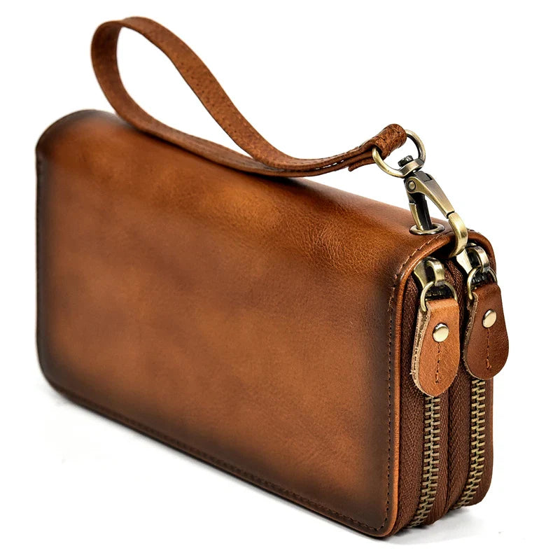 Tamxo™ Genuine Leather Double Zip Long Wallet for Men Women Luxury Clutch Purse