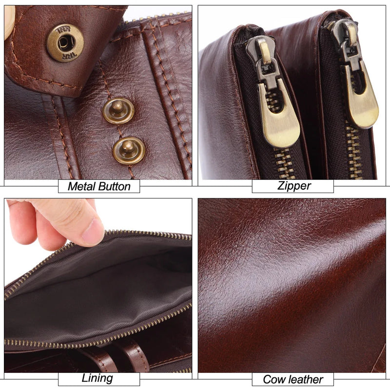 Tamxo™ Genuine Leather Men's Bifold Wallet with Dual Zippers & Card Slots