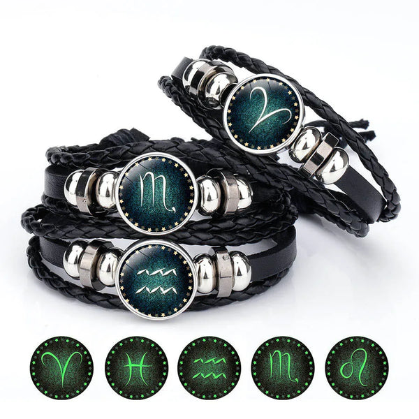 Tamxo™ Zodiac Glow Bracelet: Glass Constellations Charm Leather Bangle for Men & Women