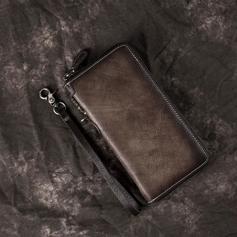 Tamxo™ Genuine Leather Long Wallet with Wristlet - Women's Single Zip Purse