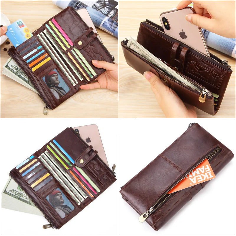 Tamxo™ Genuine Leather Men's Bifold Wallet with Dual Zippers & Card Slots