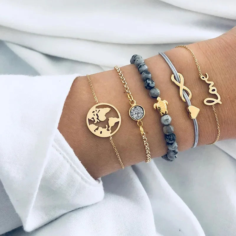 Bohemian Love Heart Map Bracelets Set by Tamxo™: Crystal Beads Black String Bangle