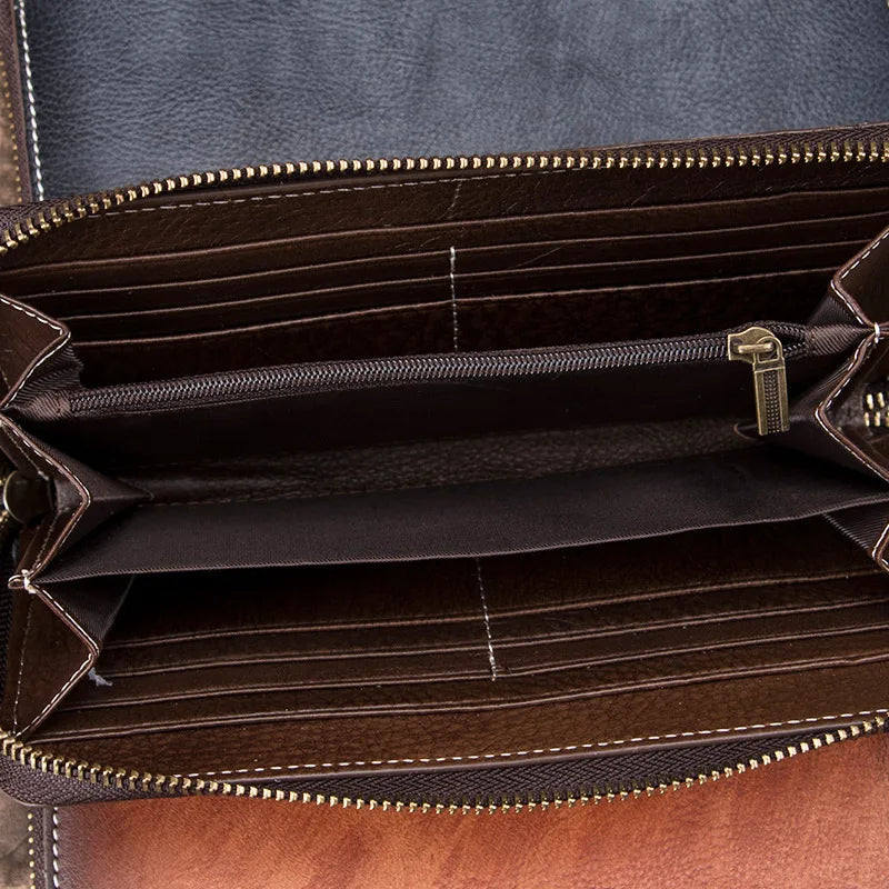 Tamxo™ Genuine Leather Long Wallet with Wristlet - Women's Single Zip Purse