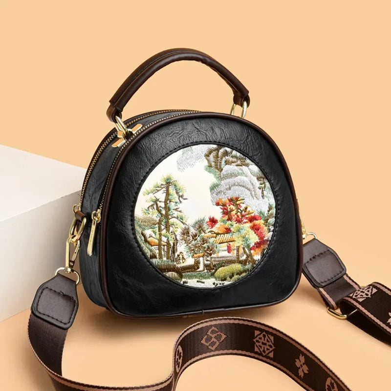 Tamxo™ Embroidered PU Leather Shoulder Bag Vintage Round Shape Designer Crossbody Handbag