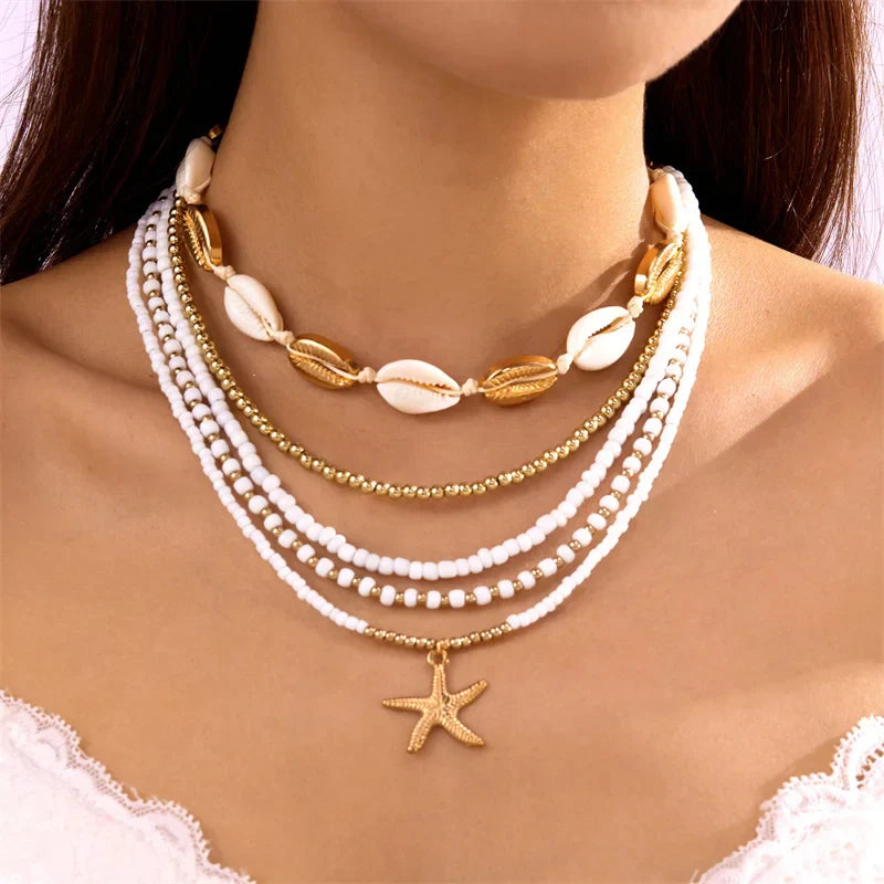 Tamxo™ Boho Shell Starfish Pendant Necklace Set for Women, Colorful Beaded Sea Shells Choker