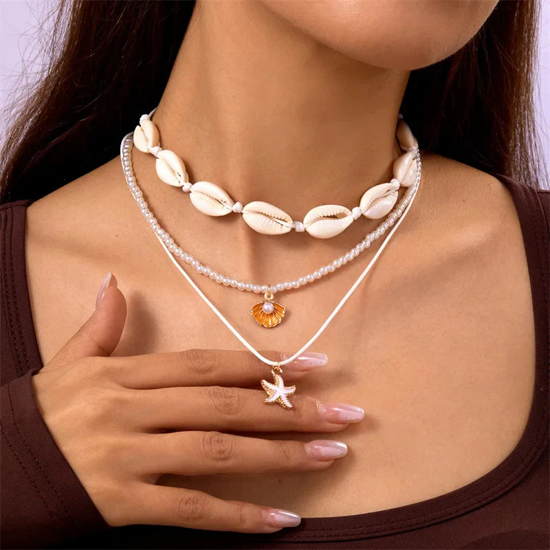 Tamxo™ Boho Ocean Starfish Shell Pearl Necklace Set for Women - Choker Party Jewelry