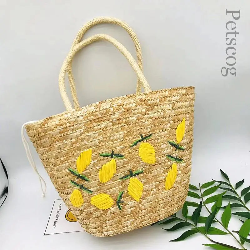 Tamxo™ Lemon Embroidered Straw Tote Bag: Bohemian Summer Handbag for Women