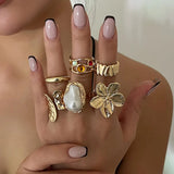 Tamxo™ Exaggerated Metal Flower Pearl Crystal Open Rings Set Vintage Luxury Jewelry