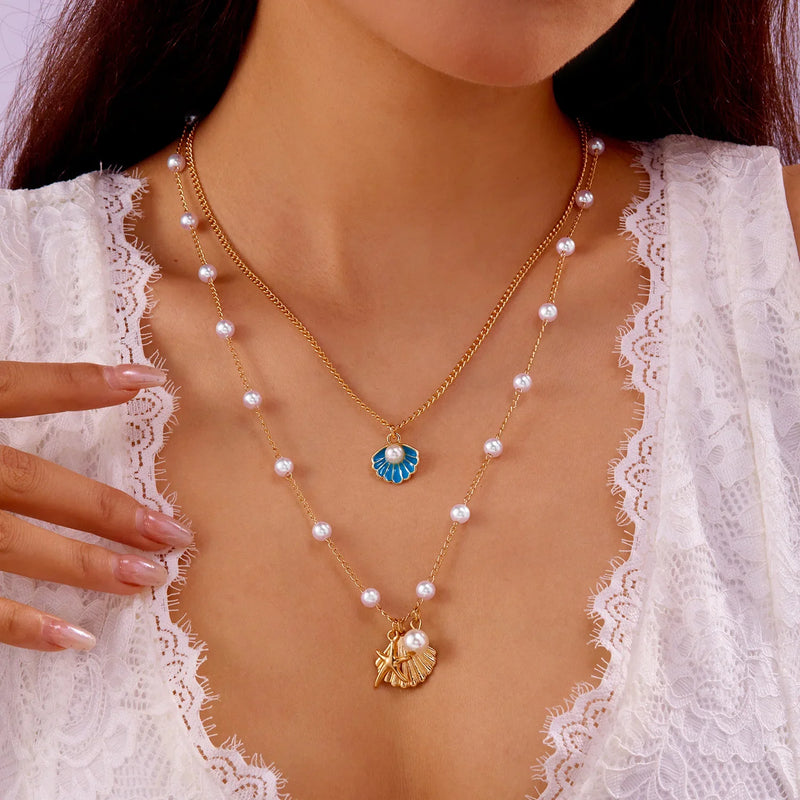 Tamxo™ Boho Sea Shell Starfish Pendant Double Layered Beach Necklace for Women