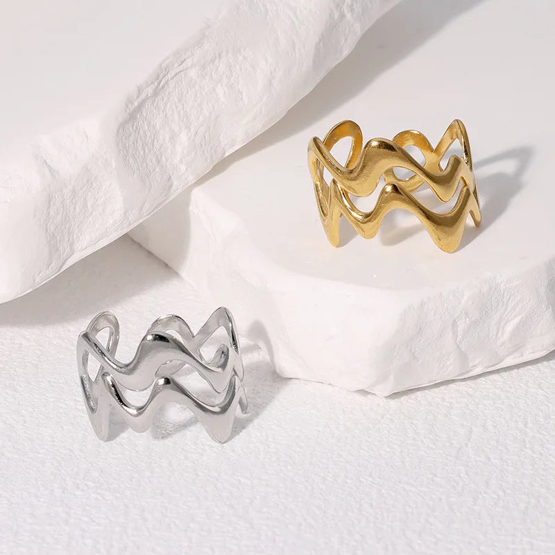 Tamxo™ Stainless Steel Irregular Wave Ring – Creative Gold Adjustable Cocktail Ring