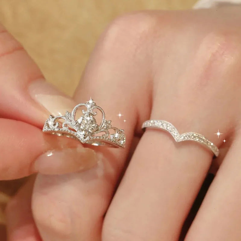 Tamxo™ Sparkling Crown Crystal Rings Set - Women's Adjustable Silvery Queen Jewelry