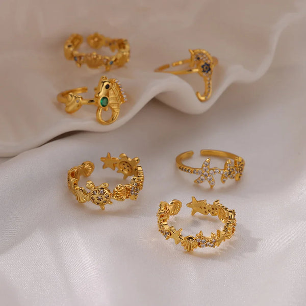 Tamxo™ Gold Stainless Steel Open Ring Set with Starfish Seahorse Shell Charms