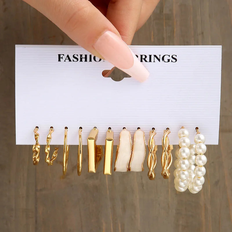 Tamxo™ Gold Pearl Hoop Dangle Earrings Set - Vintage Geometric Twist Circle Jewelry