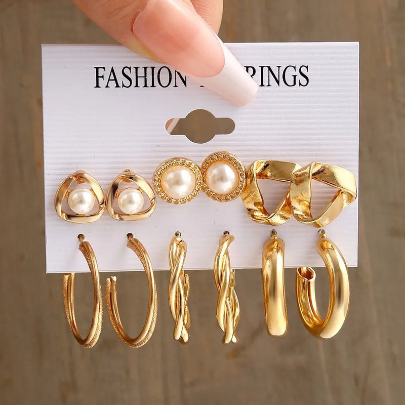 Tamxo™ Gold Pearl Hoop Dangle Earrings Set - Vintage Geometric Twist Circle Jewelry