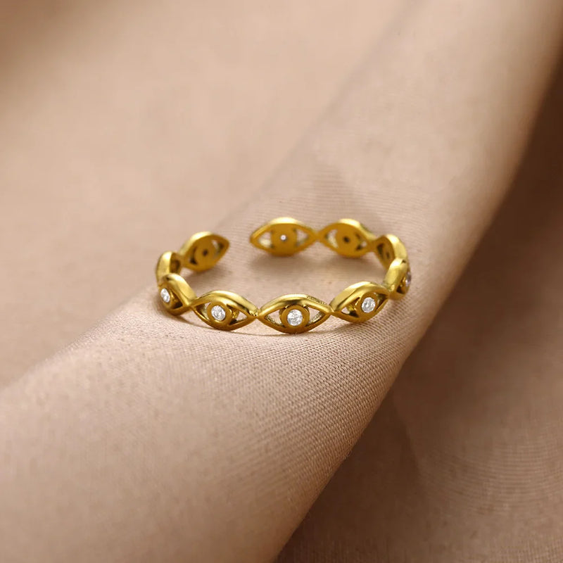 Tamxo™ Retro Green Zircon Evil Eye Gold Stainless Steel Ring Women's Party Jewelry