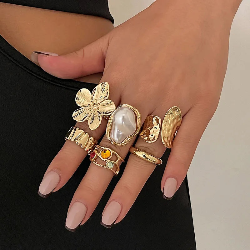 Tamxo™ Exaggerated Metal Flower Pearl Crystal Open Rings Set Vintage Luxury Jewelry