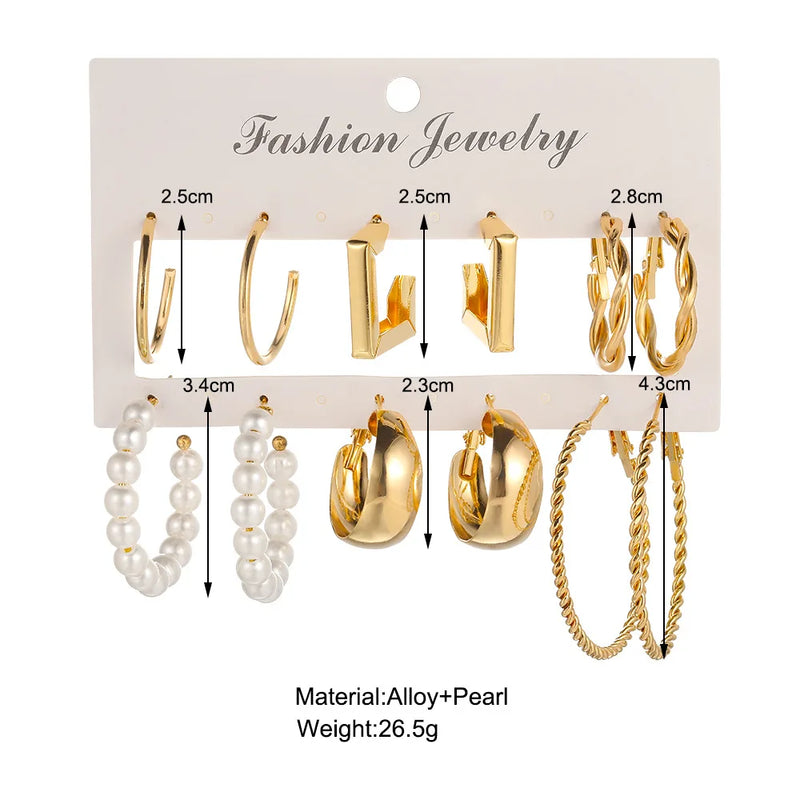 Tamxo™ Gold Pearl Hoop Dangle Earrings Set - Vintage Geometric Twist Circle Jewelry