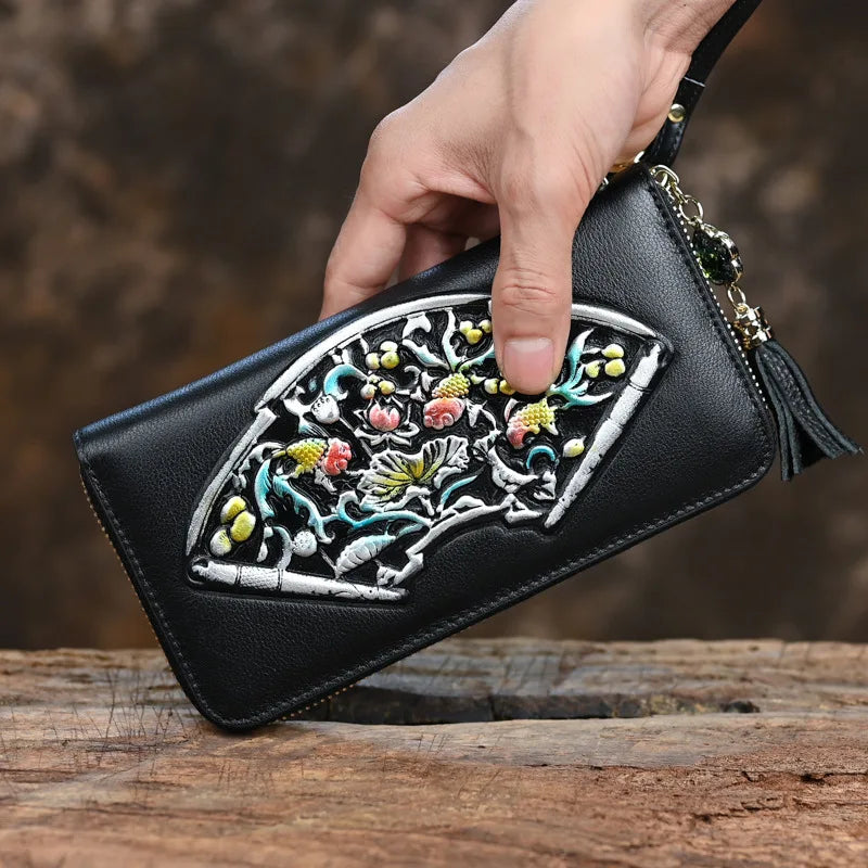 Tamxo™ Floral Cow Leather Purse: Genuine Leather Wallet Bag Women's Card Holder Clamp