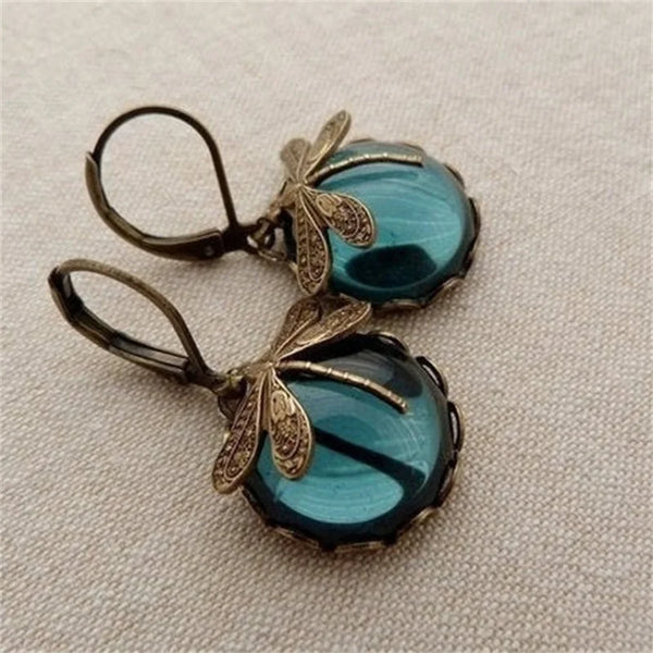 Tamxo™ Vintage Dragonfly Earrings – Elegant Gold & Bronze Inlaid Moonstone Drop Earrings