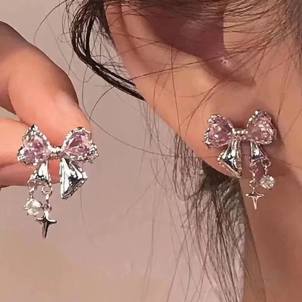Tamxo™ Pink Crystal Bowknot Stud Earrings | Zircon Silver Fashion Jewelry for Women