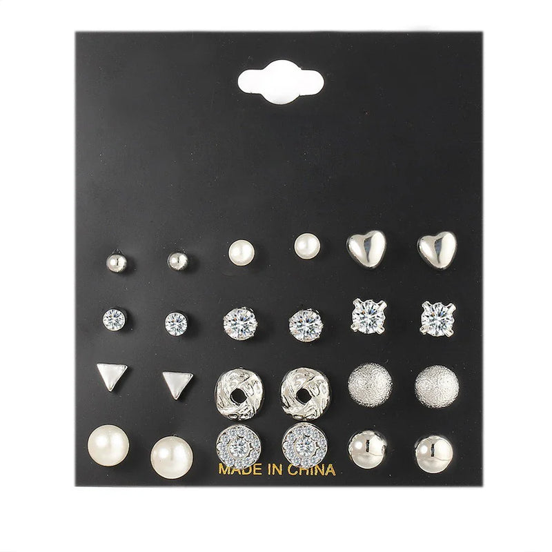 Tamxo™ Zircon Crystal Pearl Earrings Set - Silver Geometric Studs for Women - 2024 Trend Jewelry