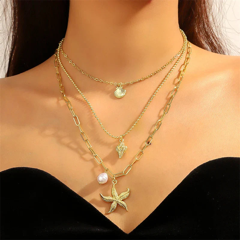 Tamxo™ Boho Crystal Multilayer Chain Necklace with Star Moon Sun Charms