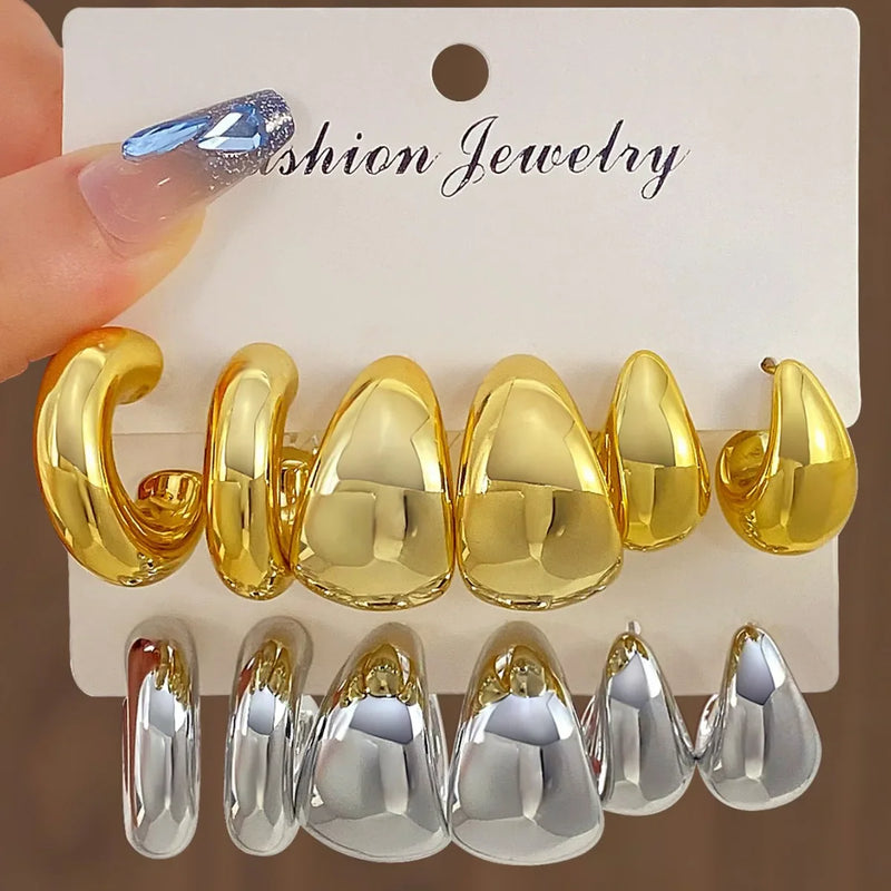 Tamxo™ Geometry Gold Hoop Earrings Set, 6Pcs Twisted C-Shaped Hypoallergenic Jewelry