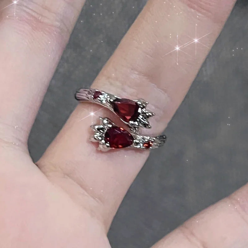 Tamxo™ Red Crystal Love Heart Cross Gothic Punk Ring Set