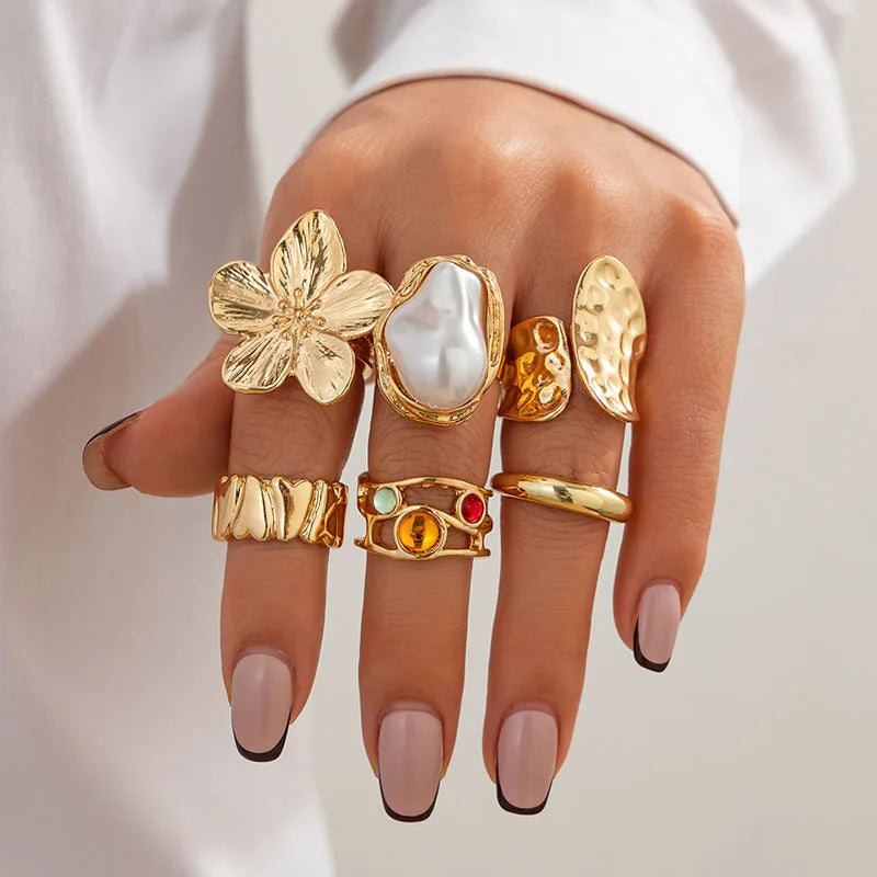 Tamxo™ Exaggerated Metal Flower Pearl Crystal Open Rings Set Vintage Luxury Jewelry