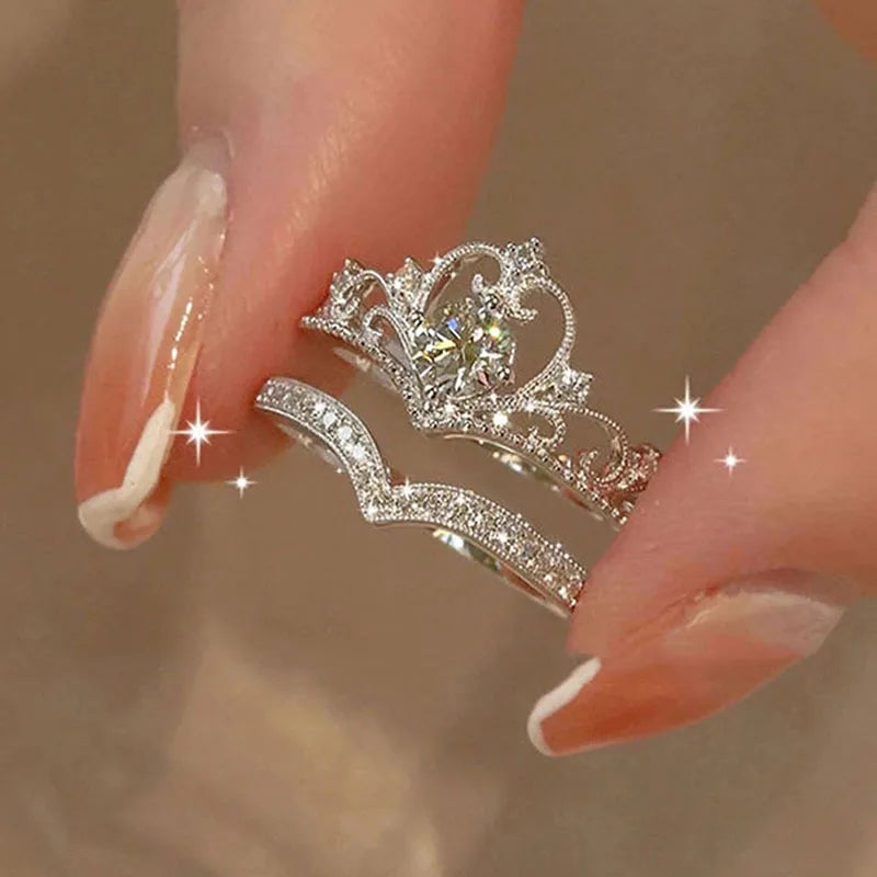 Tamxo™ Sparkling Crown Crystal Rings Set - Women's Adjustable Silvery Queen Jewelry