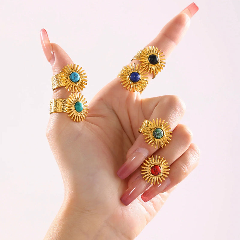 Fashionable Sun-Shaped Natural Stone Open Ring by Tamxo™