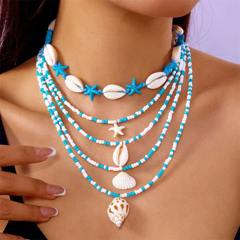 Tamxo™ Boho Shell Starfish Pendant Necklace Set for Women, Colorful Beaded Sea Shells Choker