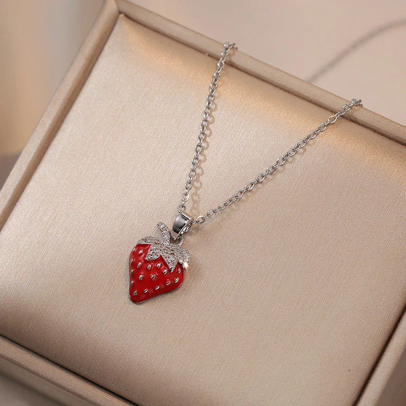 Tamxo™ Strawberry Zircon Pendant Necklace: Romantic Flower Planet Choker for Women Girls