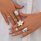 Tamxo™ Exaggerated Metal Flower Pearl Crystal Open Rings Set Vintage Luxury Jewelry