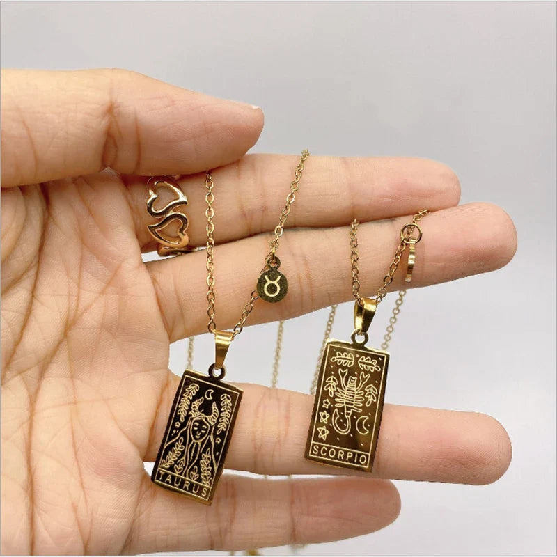 Tamxo™ Zodiac Sign Stainless Steel Square Pendant Necklace for Men Women