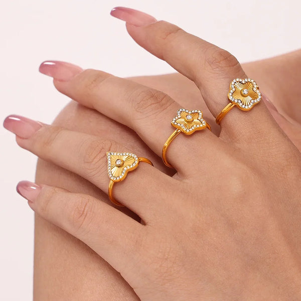 Tamxo™ Zirconia Gold Plated Star Heart Flower Ring Women Luxury Stainless Steel Charm Jewelry