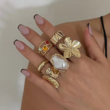 Tamxo™ Exaggerated Metal Flower Pearl Crystal Open Rings Set Vintage Luxury Jewelry