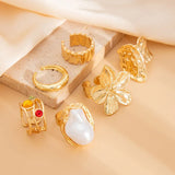 Tamxo™ Exaggerated Metal Flower Pearl Crystal Open Rings Set Vintage Luxury Jewelry