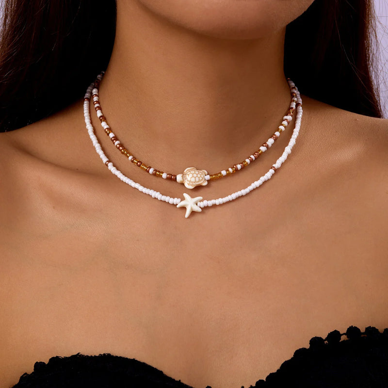 Tamxo™ Boho Sea Shell Starfish Pendant Double Layered Beach Necklace for Women