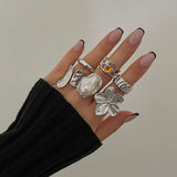 Tamxo™ Exaggerated Metal Flower Pearl Crystal Open Rings Set Vintage Luxury Jewelry