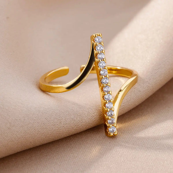 Tamxo™ Gold Striped CZ Open Ring for Women - Premium Wedding Jewelry & Vacation Accessory