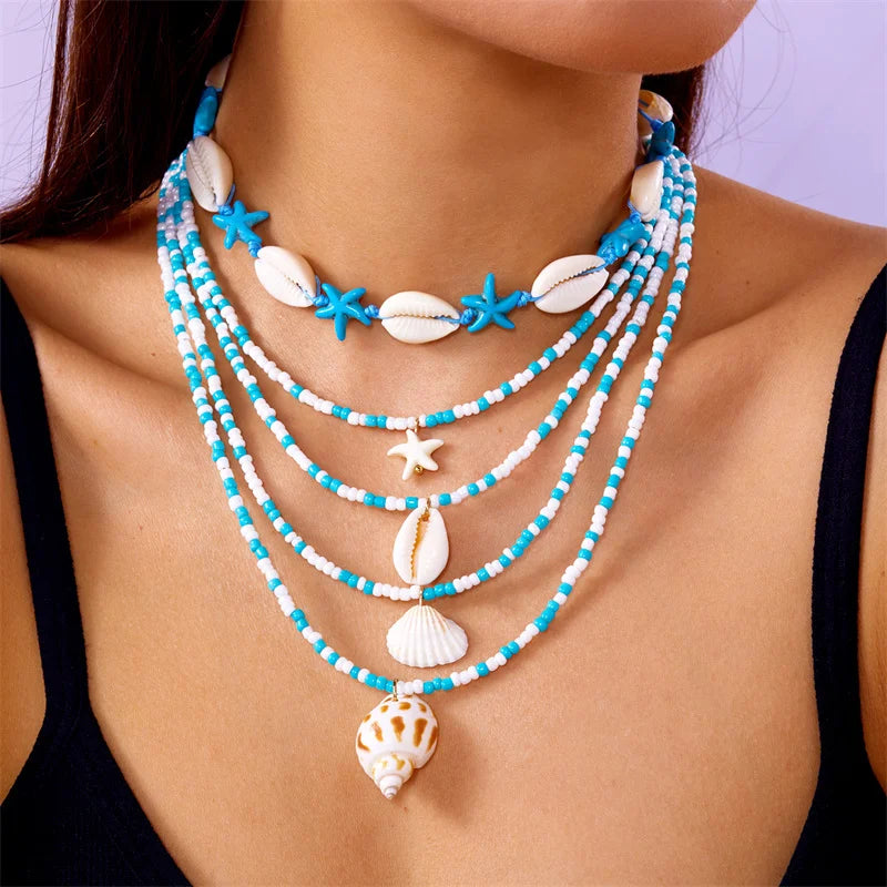 Tamxo™ Boho Shell Starfish Pendant Necklace Set for Women, Colorful Beaded Sea Shells Choker