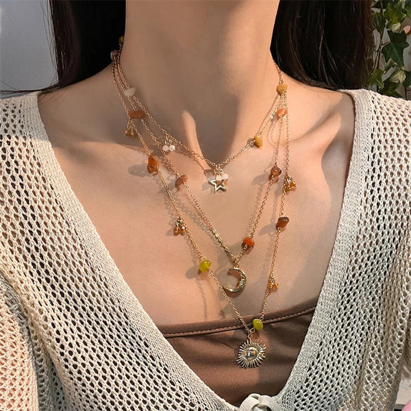 Tamxo™ Boho Crystal Multilayer Chain Necklace with Star Moon Sun Charms