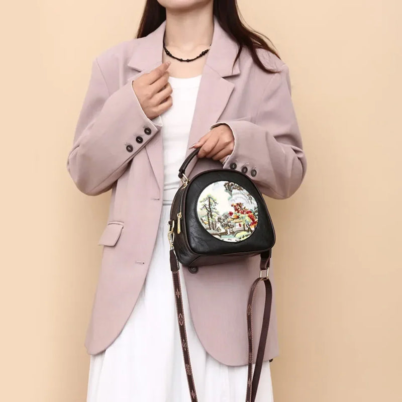 Tamxo™ Embroidered PU Leather Shoulder Bag Vintage Round Shape Designer Crossbody Handbag
