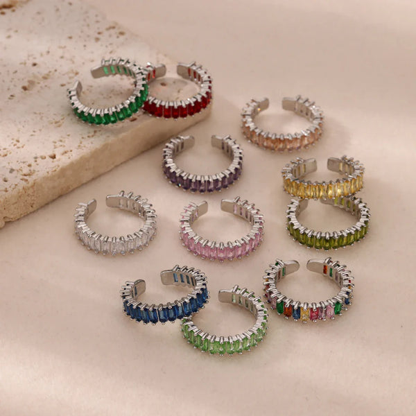 Tamxo™ Colorful Zircon Stainless Steel Open Finger Ring for Women, Silver Tone, Wedding Jewelry