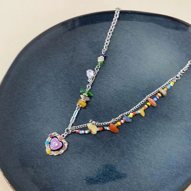Tamxo™ Purple Heart Stone Pendant Necklace Women Zircon Beaded Metal Chain Boho Jewelry