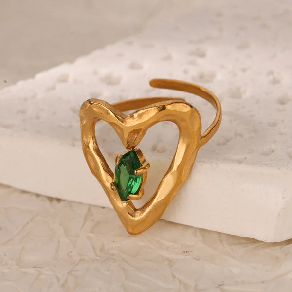 Tamxo™ Heart Emerald Zircon Stainless Steel Ring for Women Wedding Chunky Jewelry