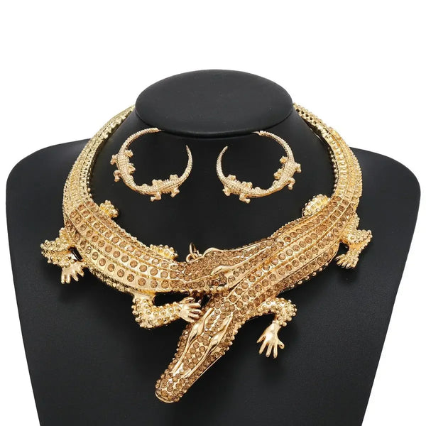 Tamxo™ Crystal Rhinestone Crocodile Choker Necklace + Earrings Jewelry