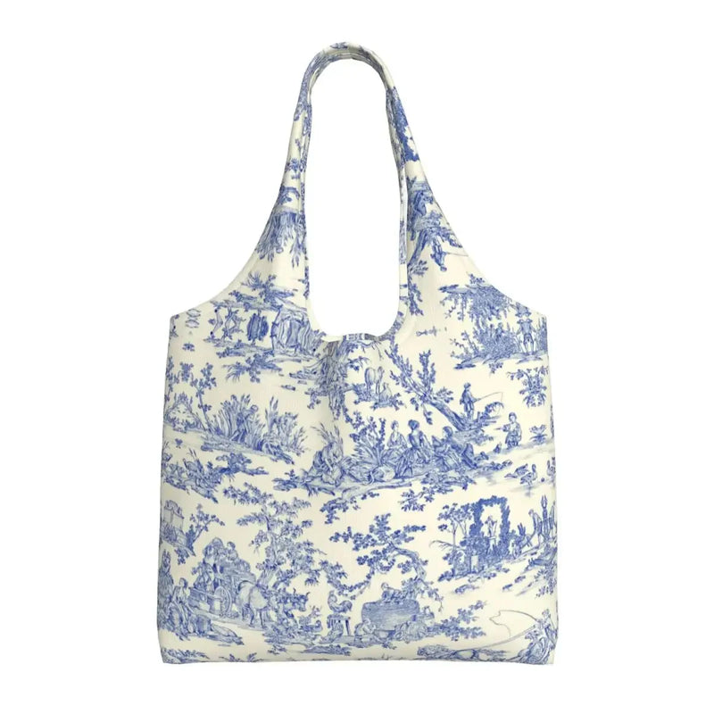French Toile De Jouy Motif Canvas Tote Bag | Tamxo™ Traditional France Art Shopper Bag