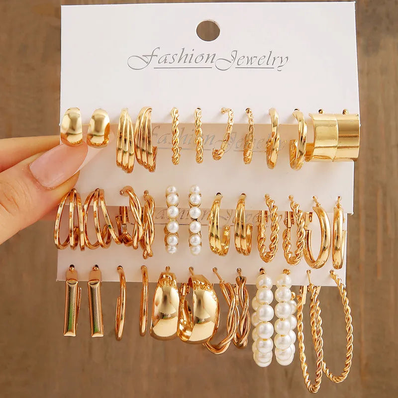 Tamxo™ Gold Pearl Hoop Dangle Earrings Set - Vintage Geometric Twist Circle Jewelry